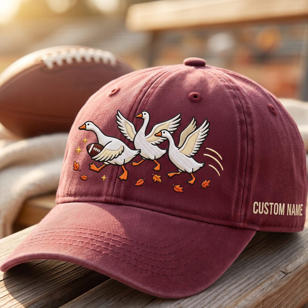 Personalized Fall Football Geese Running Autumn Leaves Game Day Embroidered Hat — Washed Hat