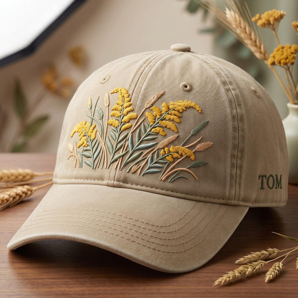 Personalized Goldenrod Wildflower Botanical Meadow Embroidered Hat — Baseball Cap