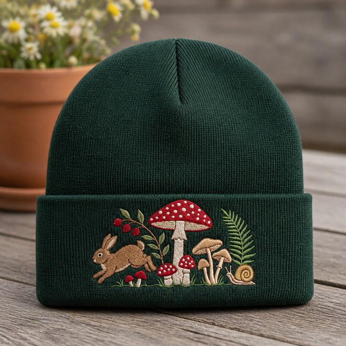 Personalized Cottagecore Rabbit Mushroom Snail Forest Embroidered Beanie