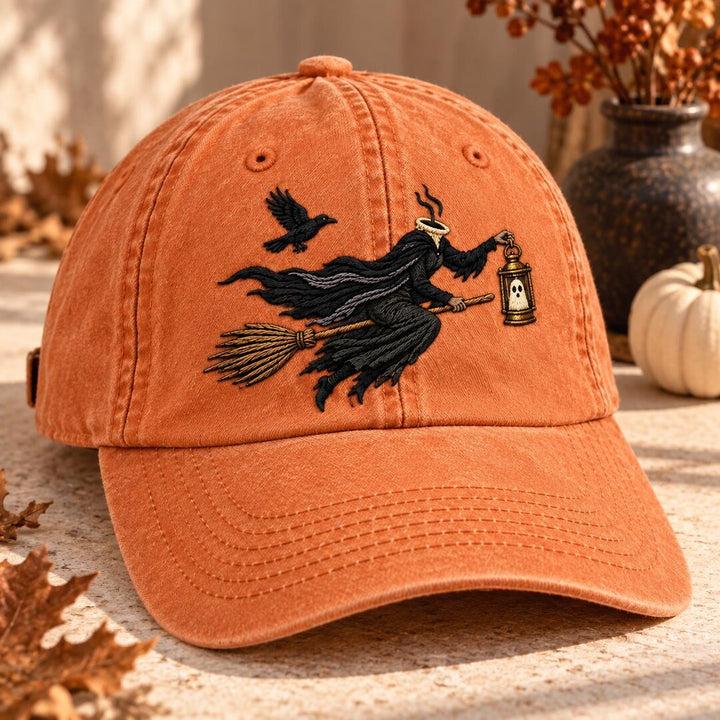 Halloween Flying Witch Broomstick Raven Ghost Lantern Embroidered Hat — Washed Hat