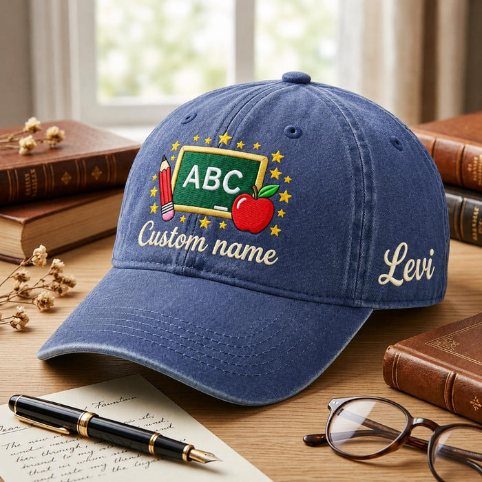 Personalized Teacher ABC Chalkboard Apple Pencil Stars Embroidered Hat