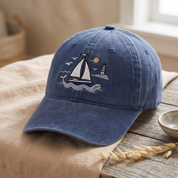 Sailboat Whale Lighthouse Nautical Ocean Scene Embroidered Hat — Washed Hat