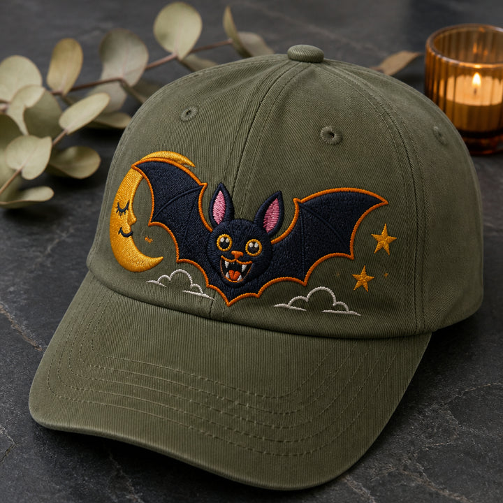 Spooky Night Bat Moon Stars Scene Dad Embroidered Hat — Washed Hat