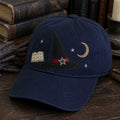 Witchy Night Sky Crescent Moon Spell Book Embroidered Hat — Washed Hat