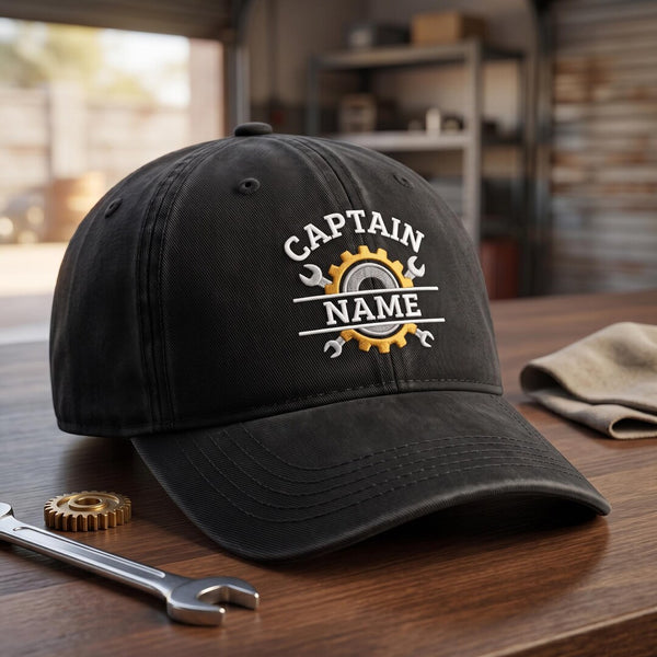Personalized Mechanic Gear Wrench Captain Embroidered Hat — Baseball Cap