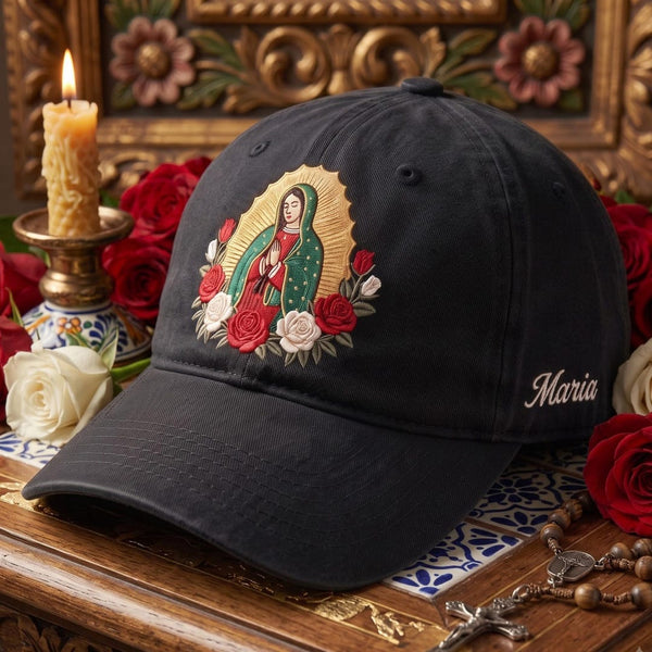 Personalized Virgin Mary Guadalupe Roses Faith Catholic Embroidered Hat — Baseball Cap