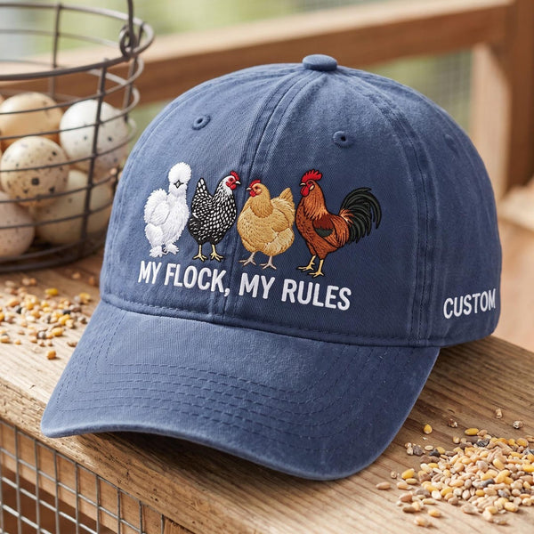 Personalized My Flock My Rules Four Chickens Rooster Backyard Flock Embroidered Hat — Washed Hat