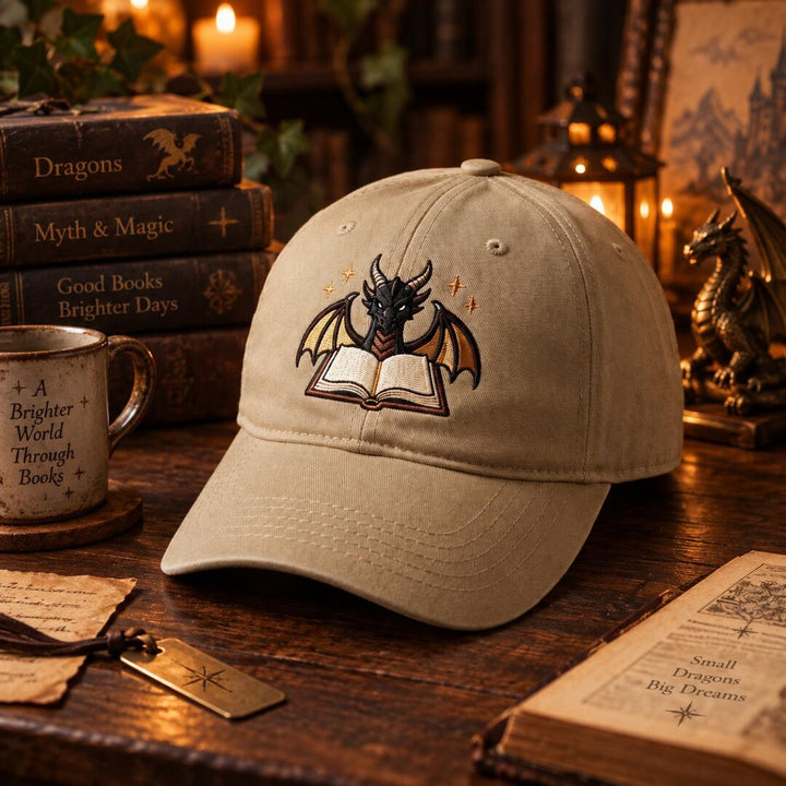 Dragon Reading Open Book Fantasy Bookish Embroidered Hat — Baseball Cap