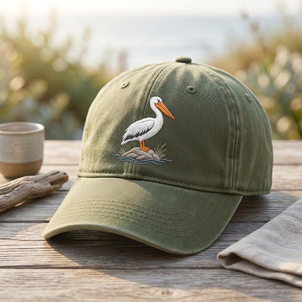 Pelican Coastal Wildlife Standing on Rock Embroidered Hat — Washed Hat