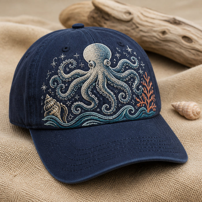 Giant Octopus Rising From The Deep Ocean Scene Embroidered Hat