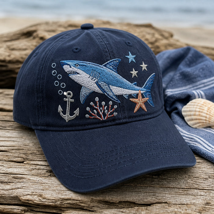 Ocean Deep Shark Scene Waves Coral Unisex Embroidered Hat