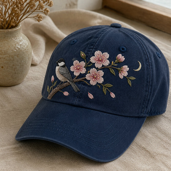 Cherry Blossom Garden Scene Washed Dad Embroidered Hat