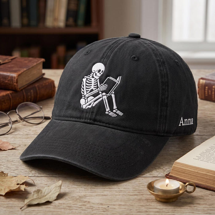 Personalized Reading Skeleton Book Lover Halloween Embroidered Hat