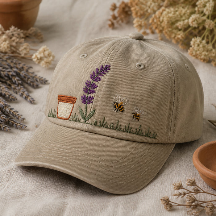 Lavender Garden Scene Botanical Baseball Embroidered Hat