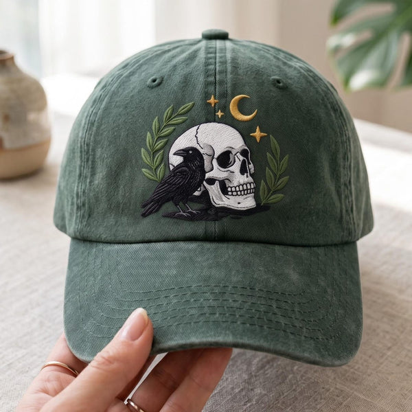 Raven Skull Crescent Moon Laurel Spooky Gothic Halloween Embroidered Hat — Washed Hat