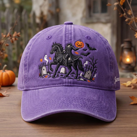 Personalized Headless Horseman Black Horse Graveyard Halloween Embroidered Hat — Washed Hat
