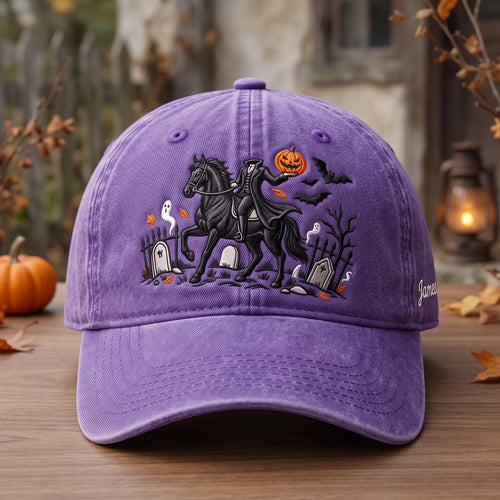 Personalized Headless Horseman Black Horse Graveyard Halloween Embroidered Hat — Washed Hat