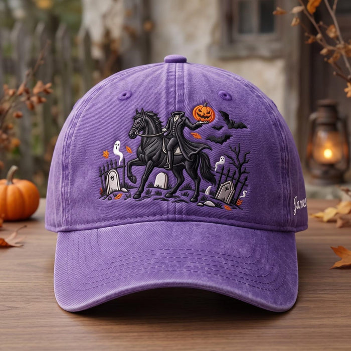 Personalized Headless Horseman Black Horse Graveyard Halloween Embroidered Hat