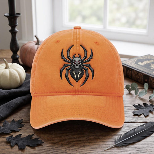 Halloween Skull Spider Gothic Horror Embroidered Hat — Washed Hat