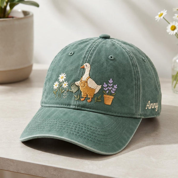 Personalized Gardening Goose Watering Can Daisy Lavender Flower Pot Embroidered Hat — Washed Hat