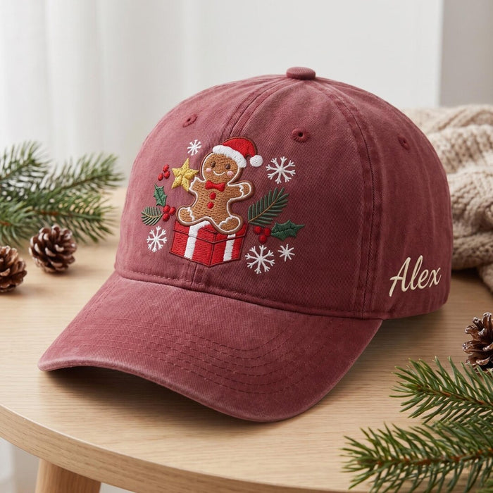 Personalized Christmas Gingerbread Man Santa Hat Gift Box Holly Snowflakes Custom Name Embroidered Hat