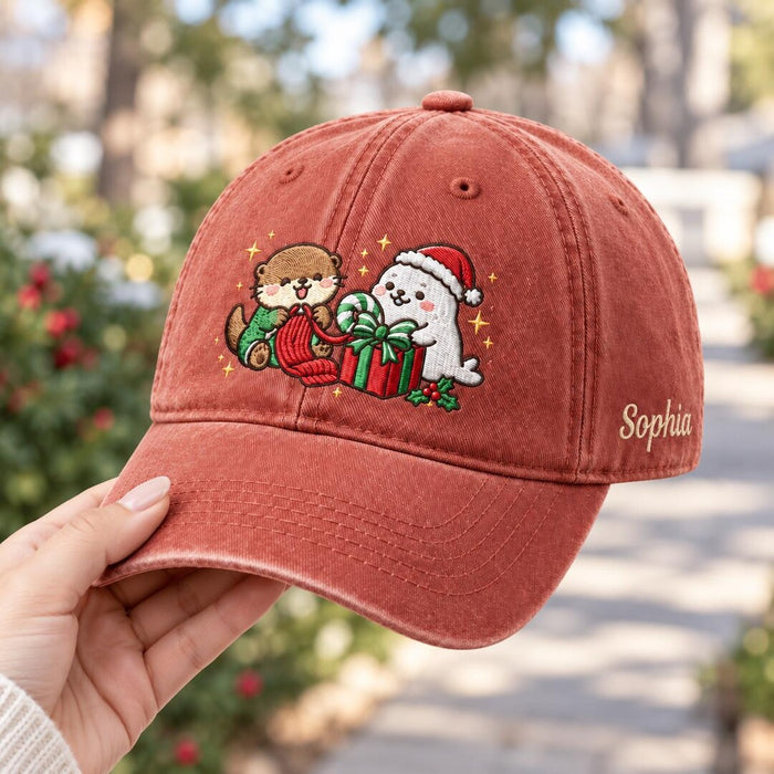 Personalized Christmas Otter Seal Santa Hat Gift Cute Ocean Animals Embroidered Hat