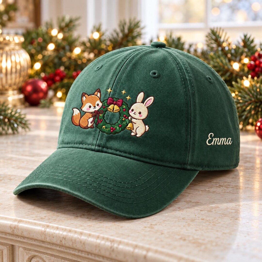 Personalized Christmas Fox Rabbit Woodland Wreath Embroidered Hat — Washed Hat