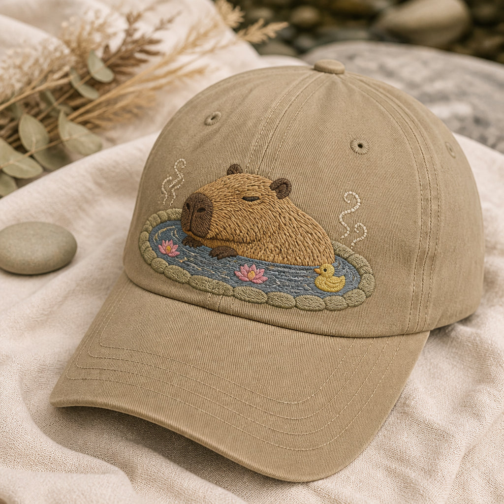 Relaxing Capybara Hot Spring Scene Dad Embroidered Hat — Washed Hat