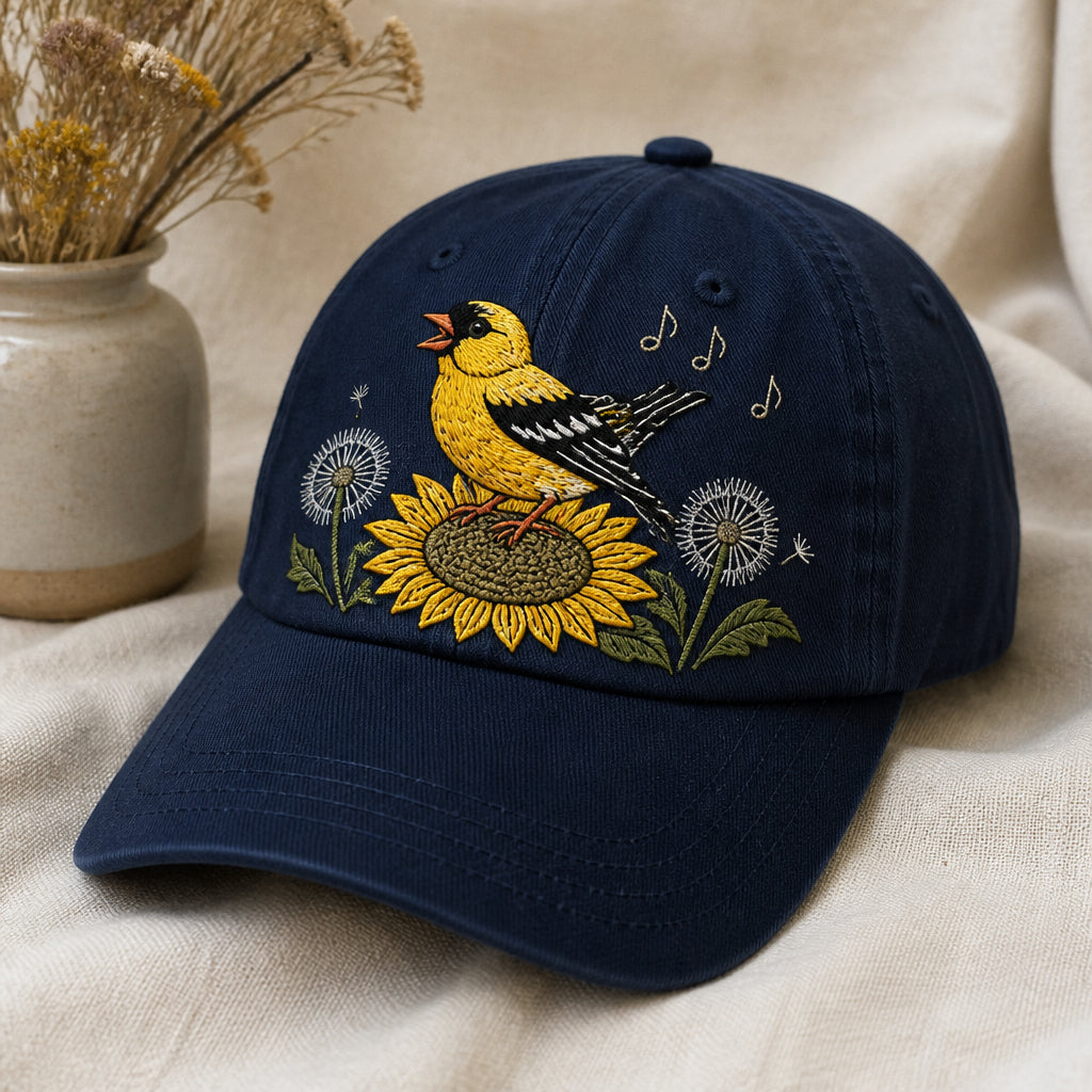 European Goldfinch Singing on Sunflower Branch Embroidered Hat — Washed Hat