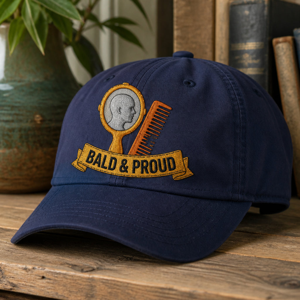 Funny Bald Guy Hat With Mirror Comb Scene Embroidered Hat — Washed Hat