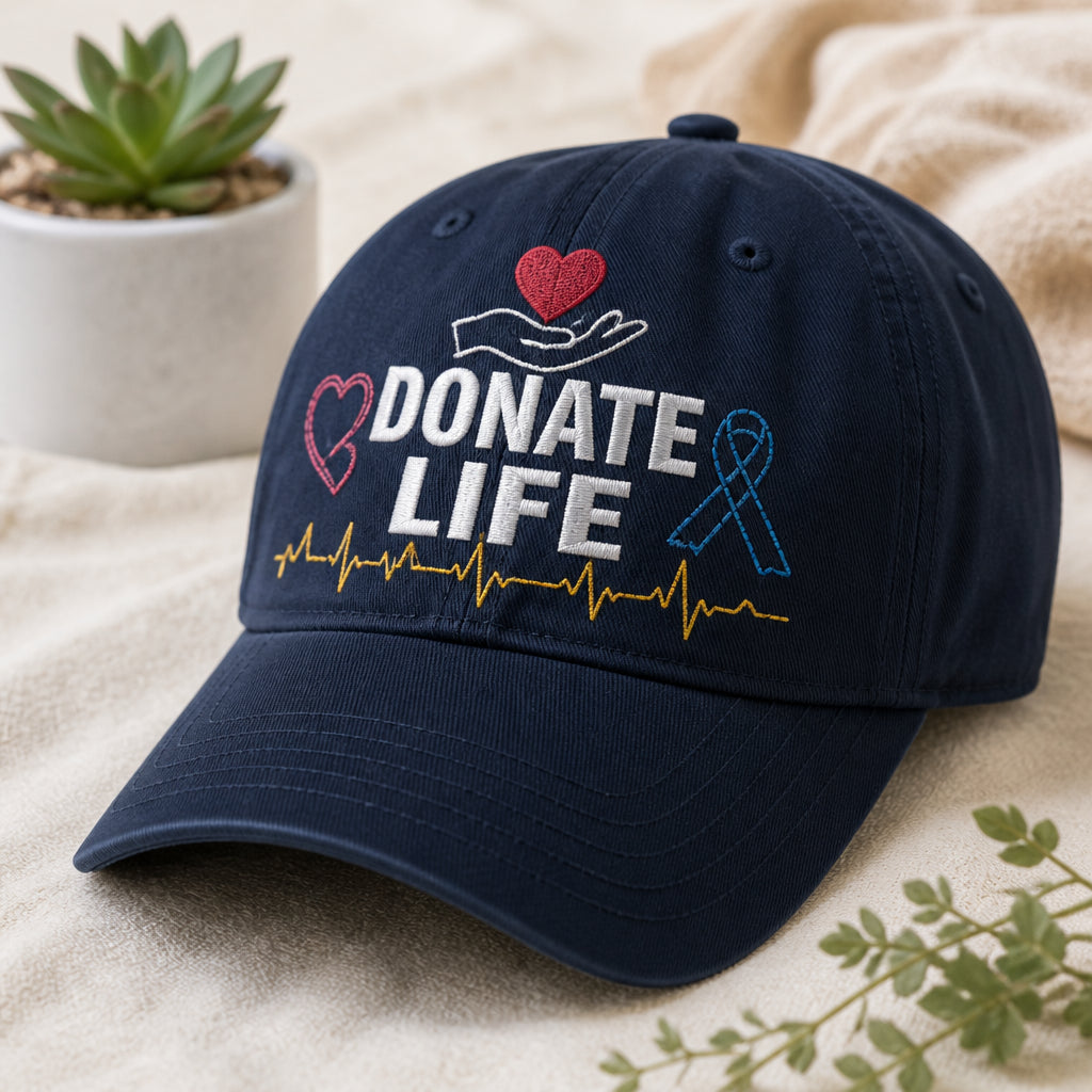 Organ Donation Saves Lives Heart Ribbon Awareness Embroidered Hat — Washed Hat