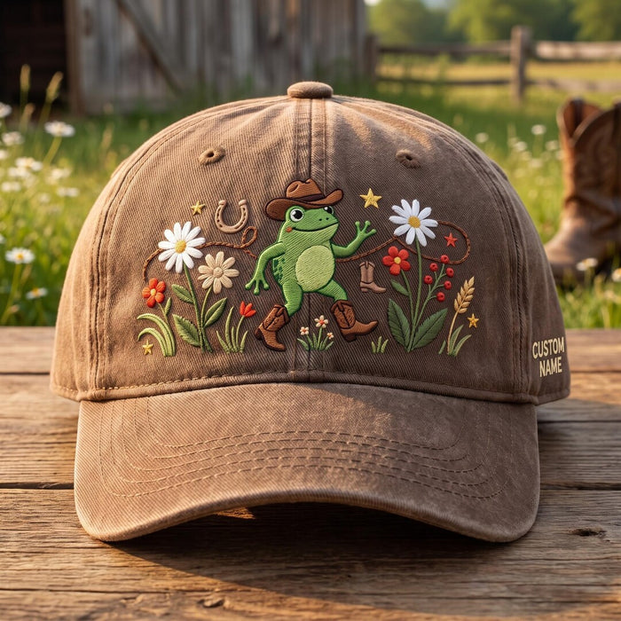 Personalized Cowboy Frog Dancing Wildflowers Western Boots Embroidered Hat