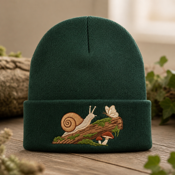 Personalized Snail Butterfly Mushroom Log Cottagecore Woodland Embroidered Beanie