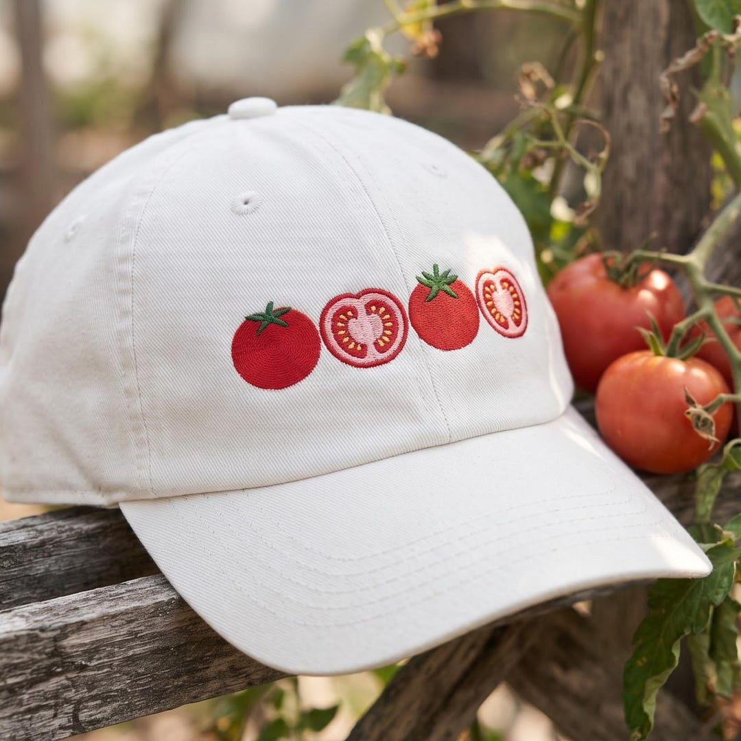 Tomato Garden Whole Sliced Tomatoes Row embroidered two-tone hat — front view