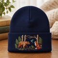 Personalized Woodland Animals Bear Fox Hummingbird Forest Scene Custom Name Embroidered Beanie