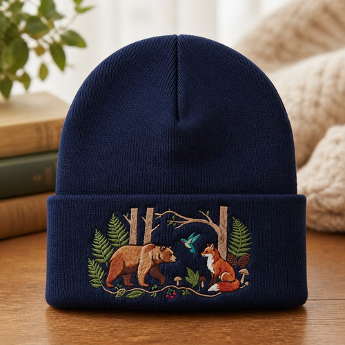 Personalized Woodland Animals Bear Fox Hummingbird Forest Scene Custom Name Embroidered Beanie