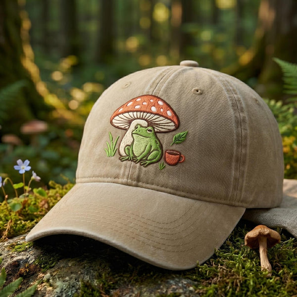 Frog Under Mushroom Coffee Cup Cottagecore Nature Embroidered Hat — Washed Hat