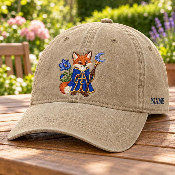Personalized Wizard Fox Blue Cloak Moon Staff Bellflower Embroidered Hat — Washed Hat