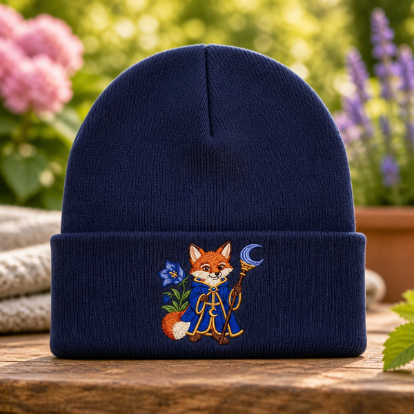 Personalized Wizard Fox Blue Cloak Moon Staff Bellflower Embroidered Beanie