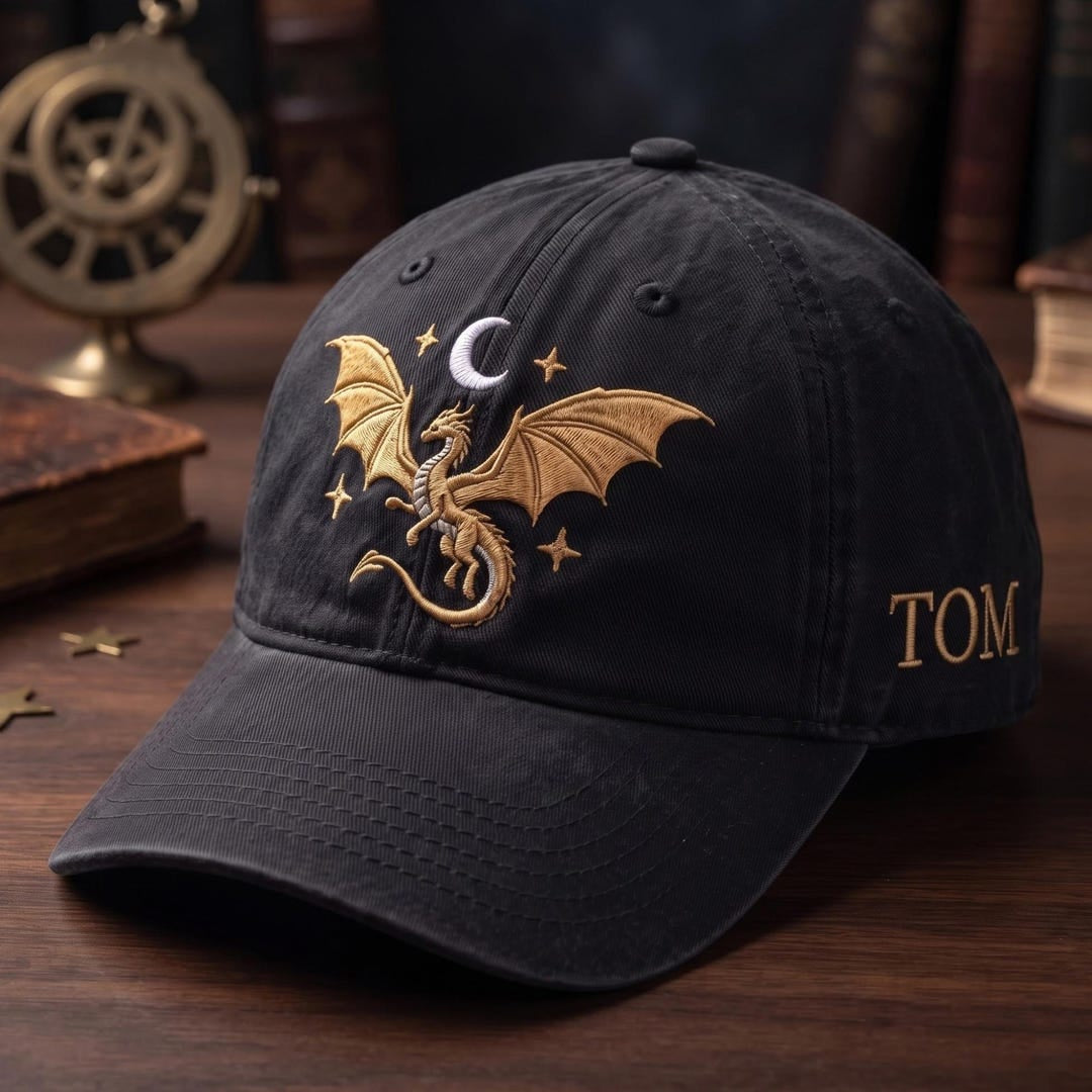Personalized Celestial Dragon Moon Stars Fantasy Embroidered Hat — Baseball Cap