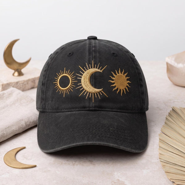 Celestial Sun Moon Crescent Triple Symbol Boho Astrology Embroidered Hat — Washed Hat