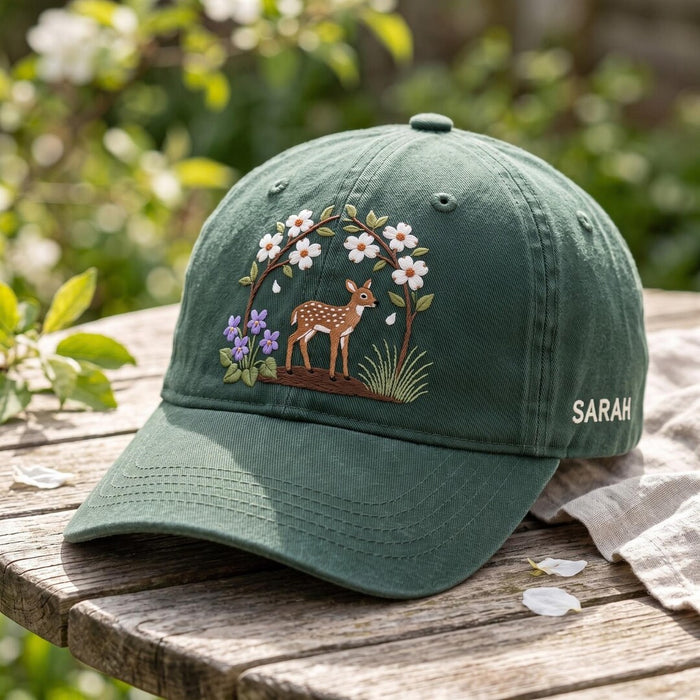Personalized Fawn Dogwood Blossom Wildflowers Cottagecore Embroidered Hat
