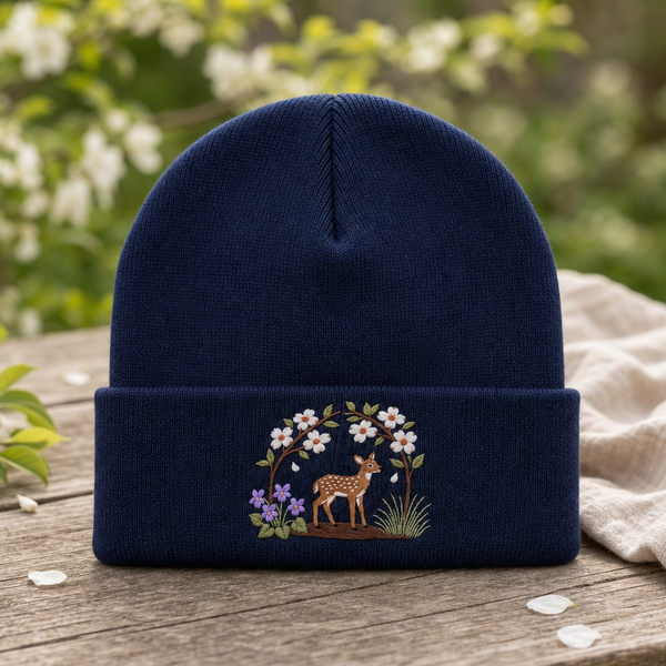 Personalized Fawn Dogwood Blossom Wildflowers Cottagecore Embroidered Beanie
