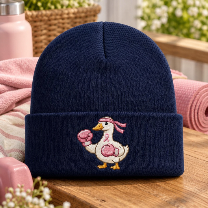 Boxing Goose Breast Cancer Awareness Pink Ribbon Fighter Duck Embroidered Beanie