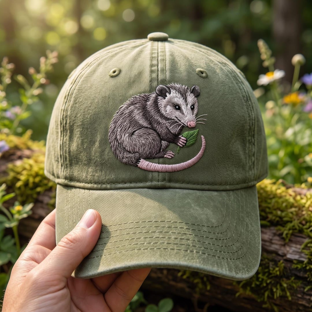 Opossum Holding Leaf Woodland Animal Nature Lover Embroidered Hat — Washed Hat