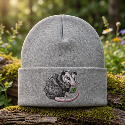 Opossum Holding Leaf Woodland Animal Nature Lover Embroidered Beanie