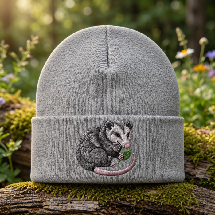 Opossum Holding Leaf Woodland Animal Nature Lover Embroidered Beanie