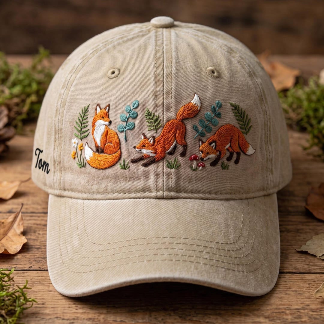 Personalized Fox Family Woodland Botanical Mushroom Fern Embroidered Hat — Washed Hat