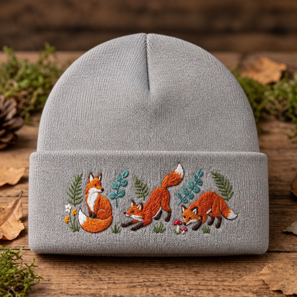 Personalized Fox Family Woodland Botanical Mushroom Fern Embroidered Beanie