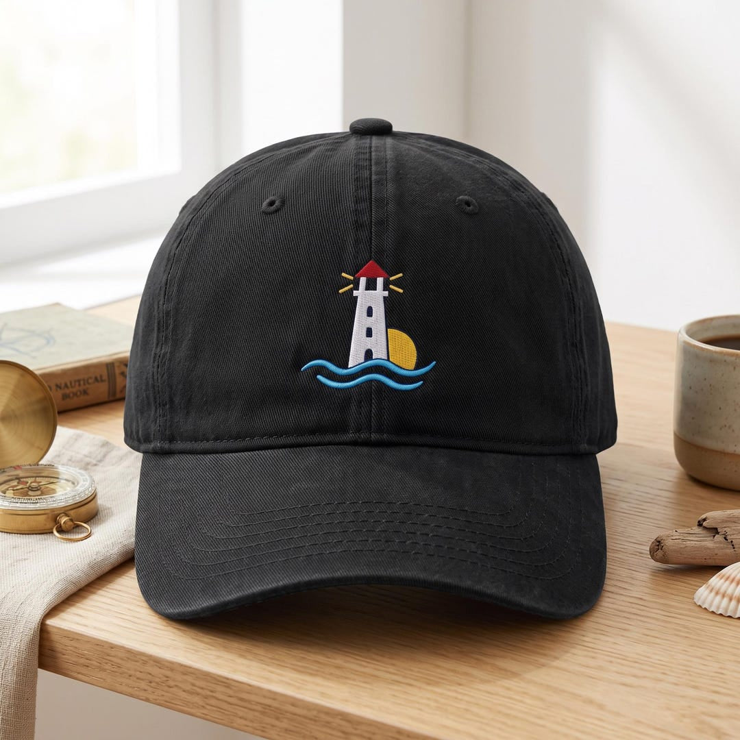 Personalized Lighthouse Ocean Waves Sunset Nautical Coastal Embroidered Hat — Washed Hat